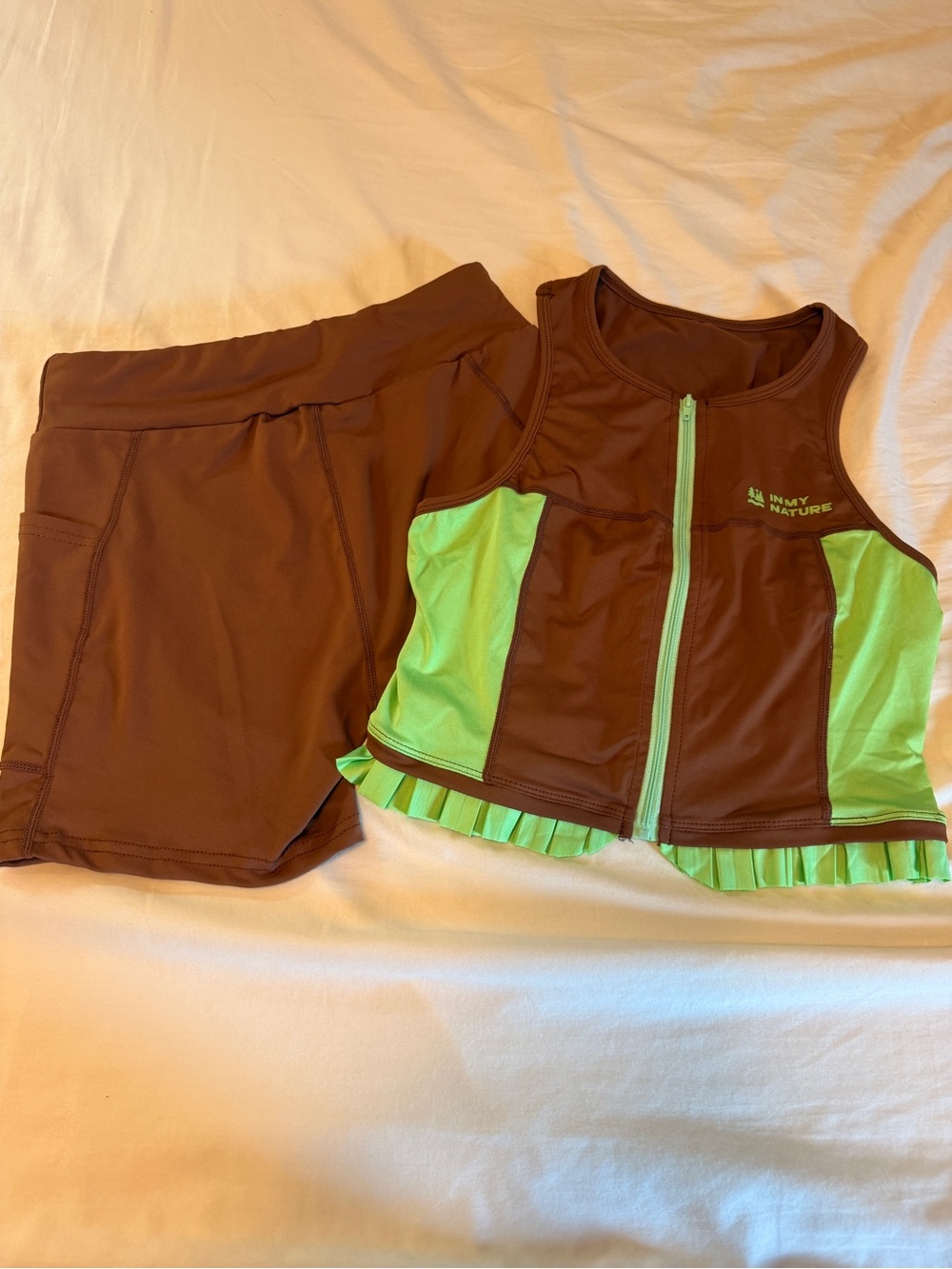 SHEIN Brown & Lime Girls' Two-Piece Swim Coverup Set